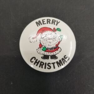 Vintage Round White Button Merry Christmas Santa Claus Pin Brooch